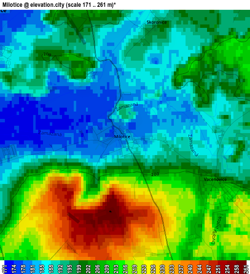 Milotice elevation map