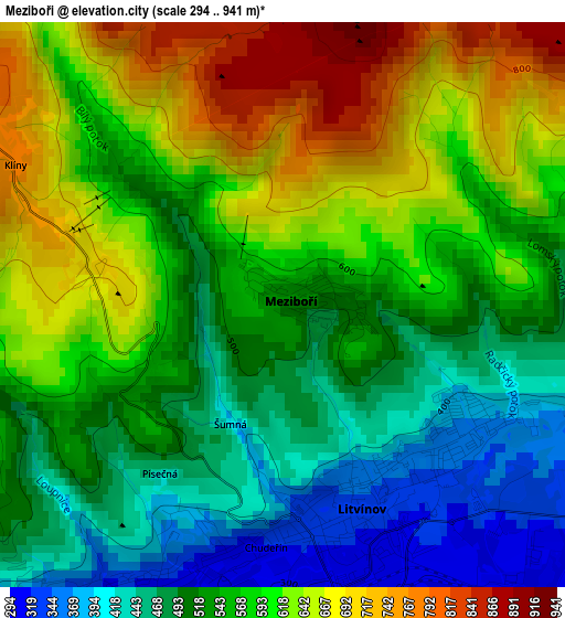 Meziboři elevation map