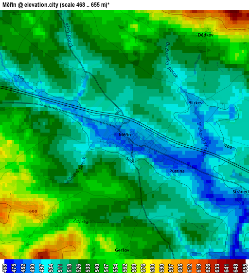 Měřín elevation map