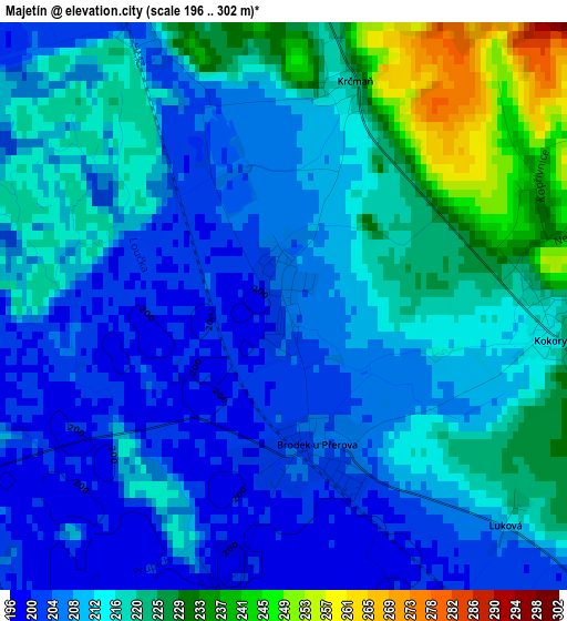 Majetín elevation map