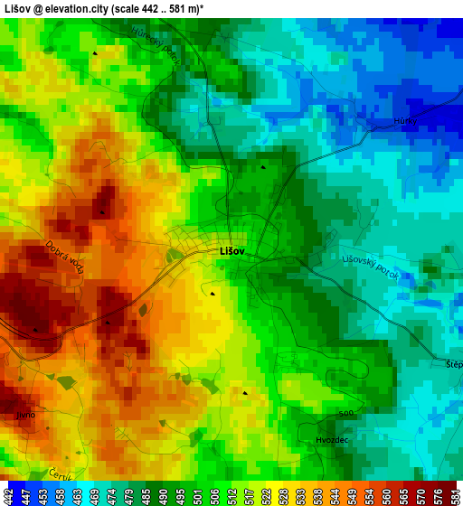 Lišov elevation map