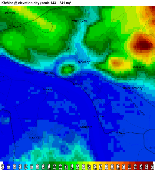 Křešice elevation map