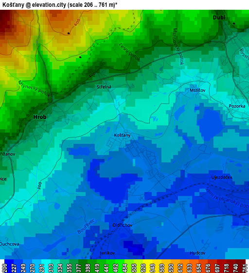 Košťany elevation map