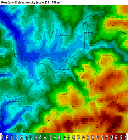 Koryčany elevation map