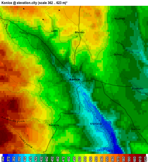 Konice elevation map