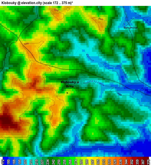 Klobouky elevation map