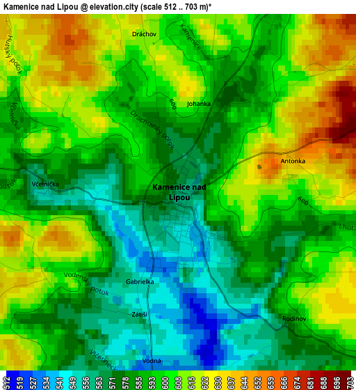 Kamenice nad Lipou elevation map