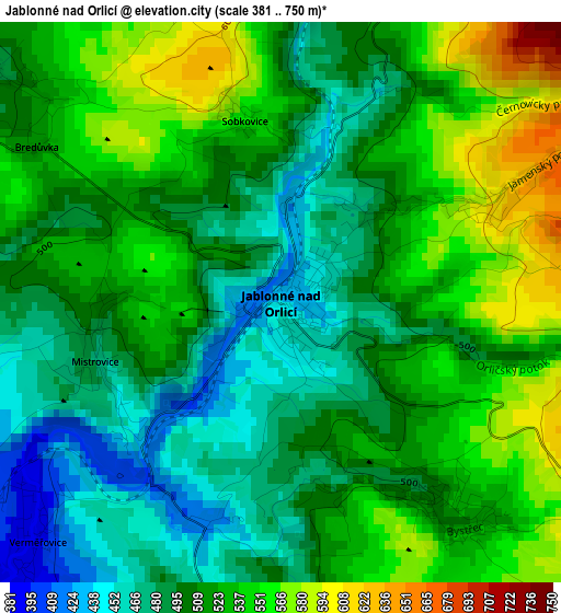 Jablonné nad Orlicí elevation map