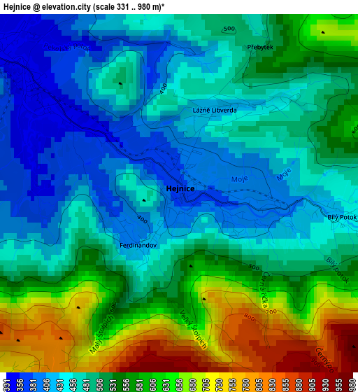 Hejnice elevation map