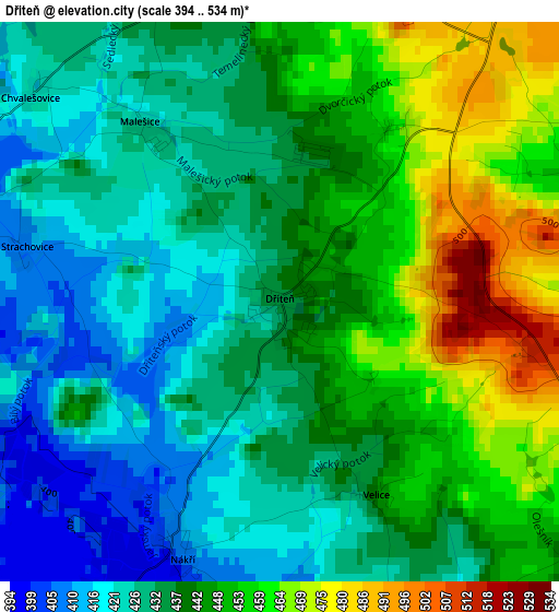 Dřiteň elevation map