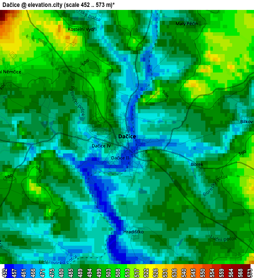 Dačice elevation map