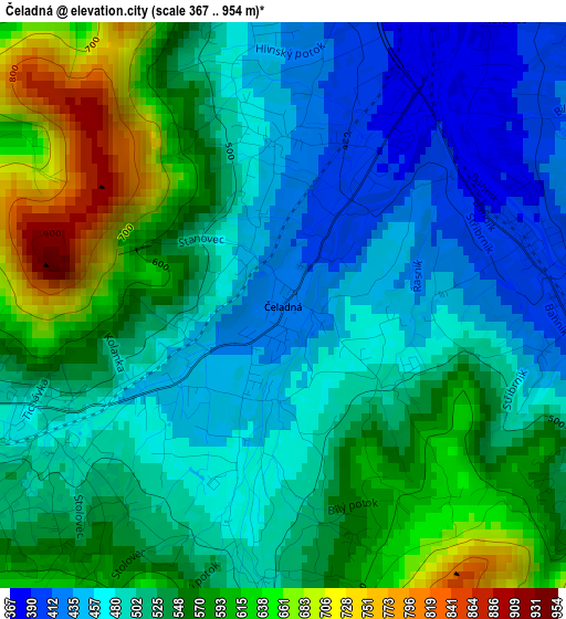 Čeladná elevation map