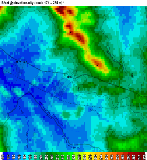 Březí elevation map