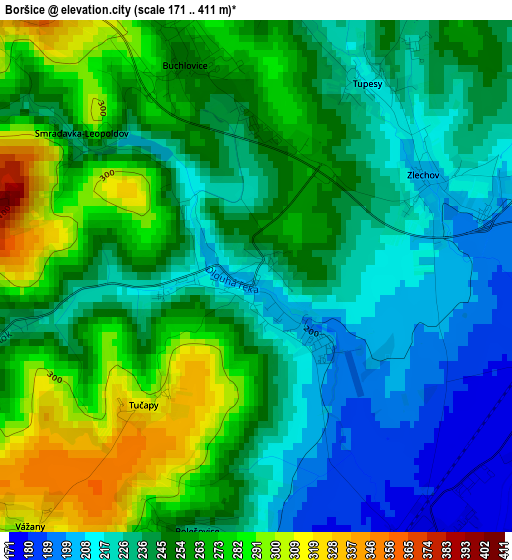 Boršice elevation map