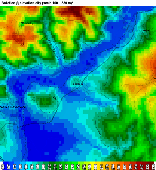 Bořetice elevation map