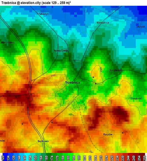 Trzebnica elevation map