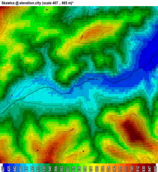 Skawica elevation map