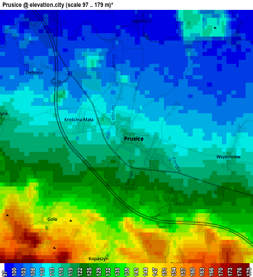 Prusice elevation map