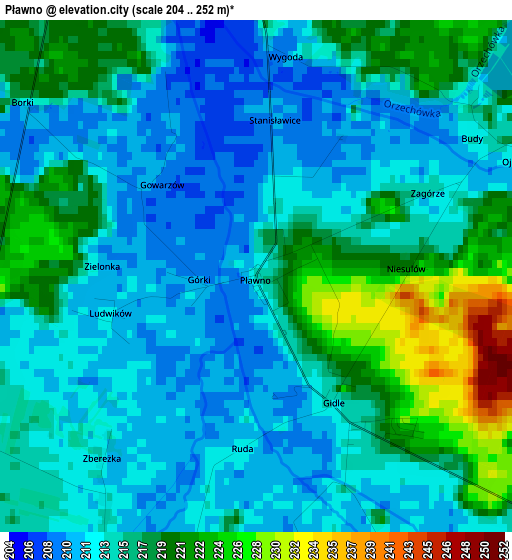 Pławno elevation map