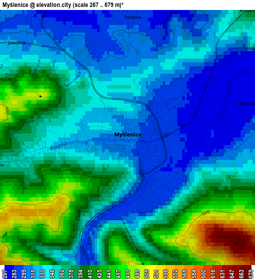 Myślenice elevation map