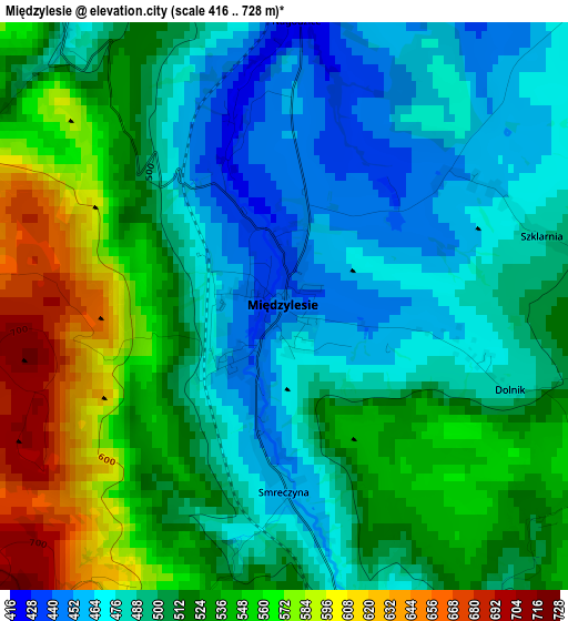 Międzylesie elevation map