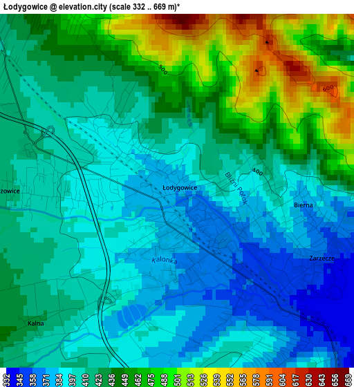 Łodygowice elevation map