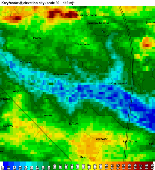 Krzyżanów elevation map