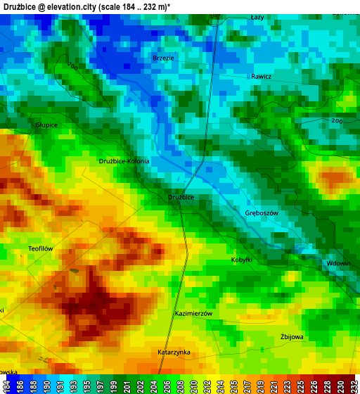 Drużbice elevation map