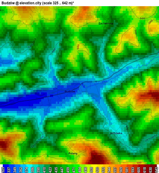 Budzów elevation map