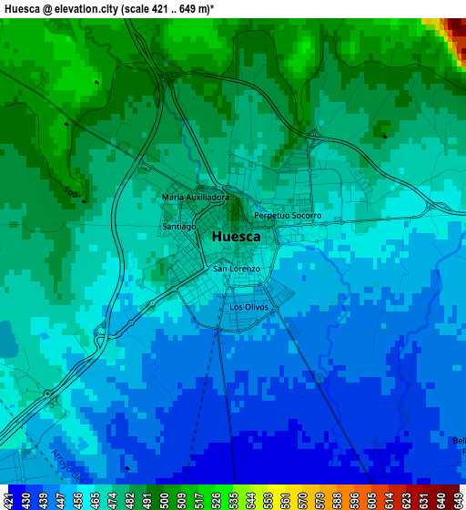 Huesca elevation map