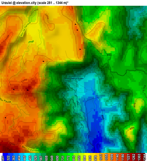 Urzulei elevation map