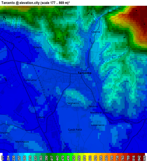 Tarcento elevation map