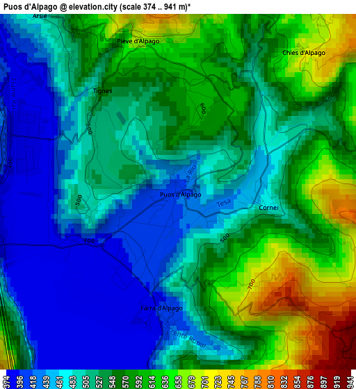 Puos d'Alpago elevation map