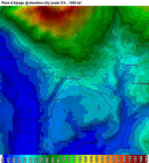 Pieve d'Alpago elevation map