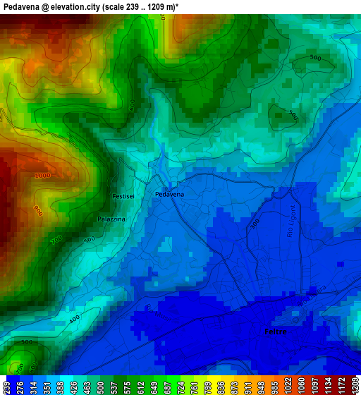 Pedavena elevation map