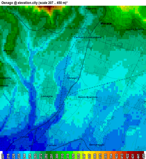 Osnago elevation map