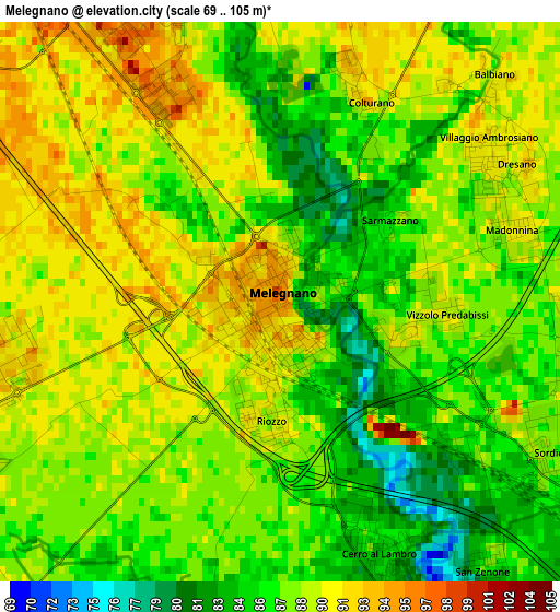 Melegnano elevation map