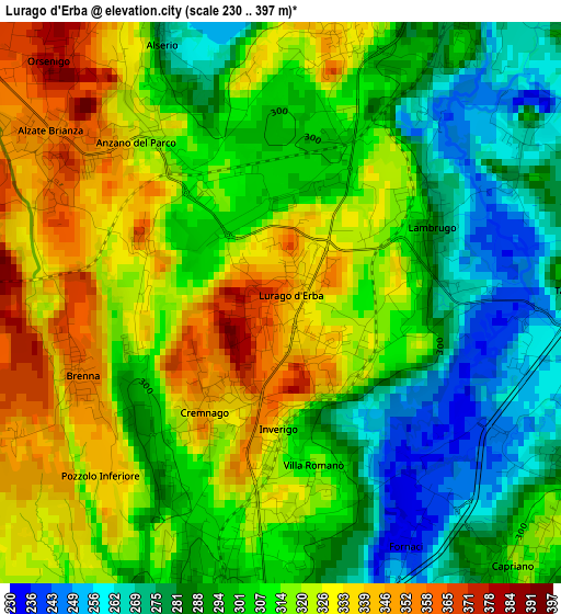 Lurago d'Erba elevation map