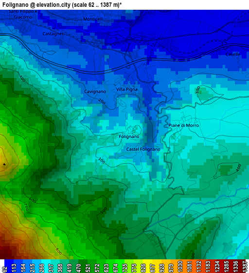 Folignano elevation map