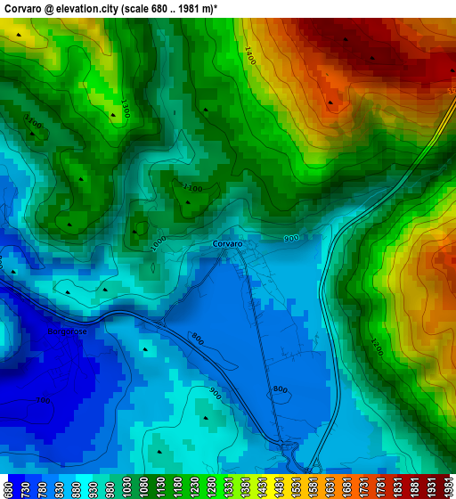 Corvaro elevation map