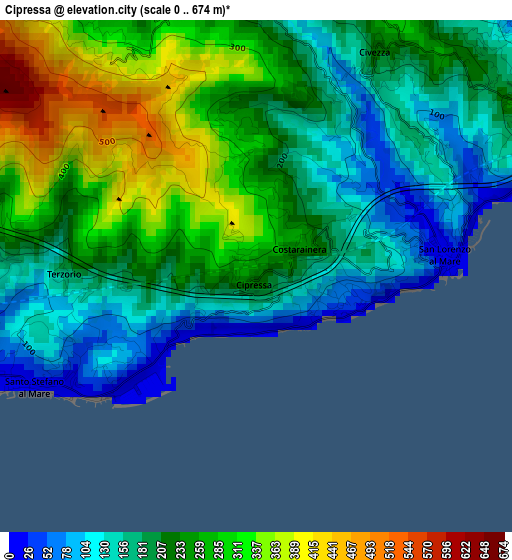 Cipressa elevation map