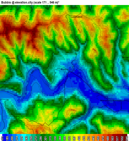 Bubbio elevation map