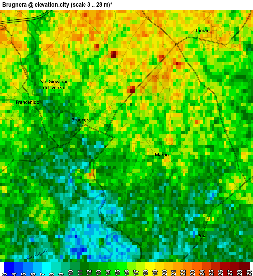 Brugnera elevation map