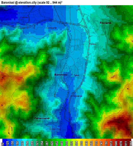 Baronissi elevation map