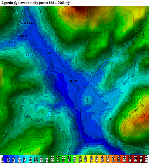 Agordo elevation map