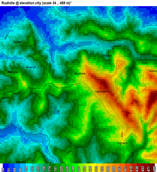 Ruzhdie elevation map