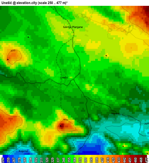 Unešić elevation map