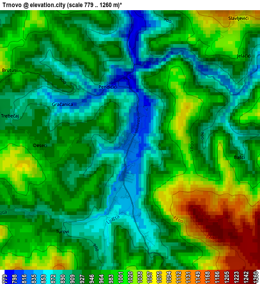 Trnovo elevation map