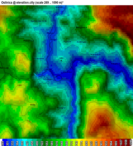 Osilnica elevation map
