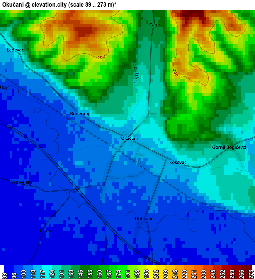 Okučani elevation map